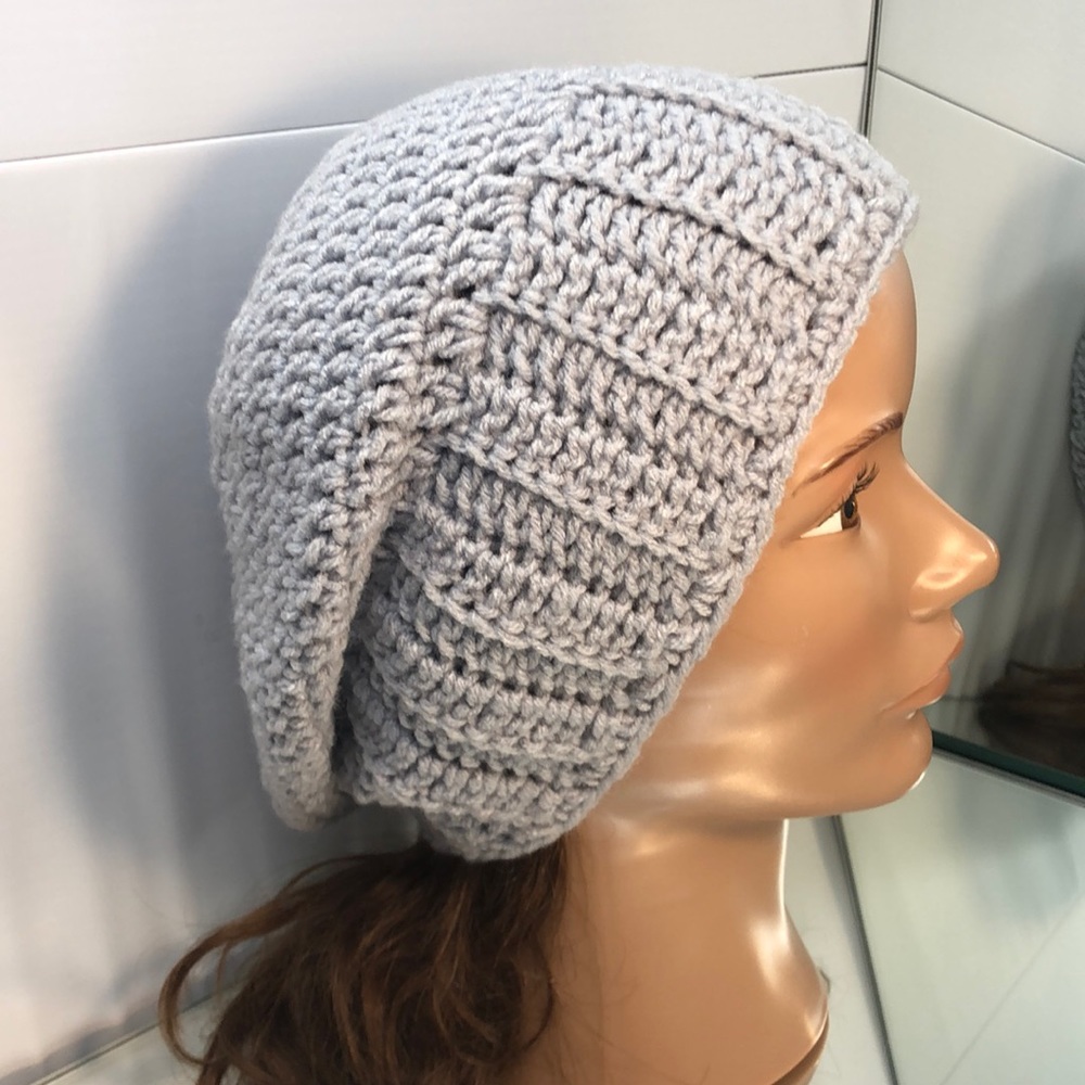 Lite gray slouchy hat Rasta style adult or teen unisex New hand crochet by me